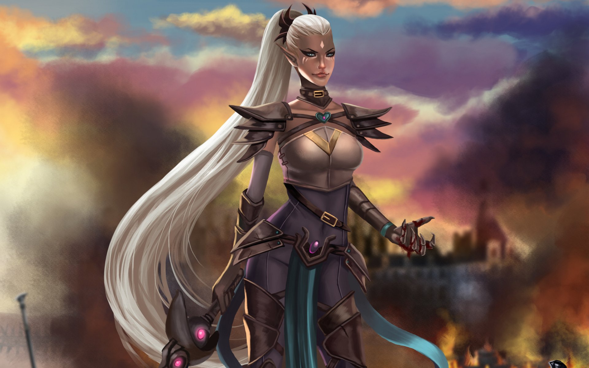 2K Quad HD PC desktop wallpaper and background: fantasy woman warrior with long white hair, ornate dark armor and glowing accents, dagger in hand before a burning city and stormy sky.