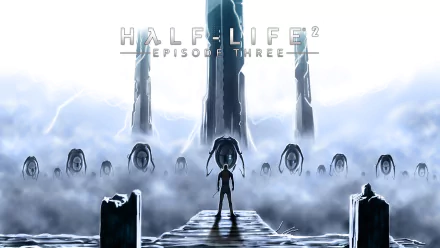 HD PC desktop wallpaper featuring a dramatic scene from the video game Half-Life 2, showcasing tall structures and a lone figure against a misty, atmospheric backdrop.