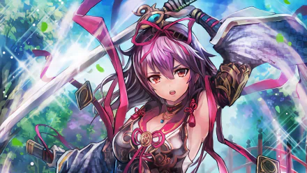 An anime character from Sengoku Saga, features purple hair, red eyes, and a sword. She wears armor and a headband, set against a vibrant, colorful background.