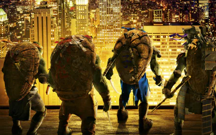 HD PC desktop wallpaper featuring the Teenage Mutant Ninja Turtles from the 2014 movie overlooking a cityscape at night.