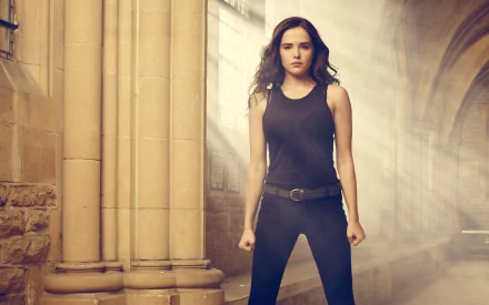 Zoey Deutch as a character from the movie Vampire Academy stands confidently in a sunlit, arched stone corridor, featured in an HD PC desktop wallpaper.