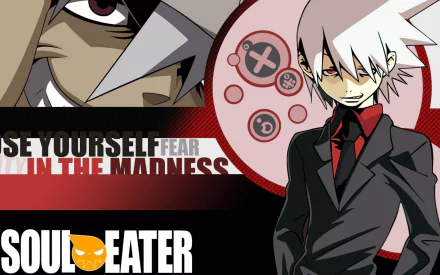 HD anime desktop wallpaper featuring Soul Eater's character with the text Lose Yourself Fear in the Madness and the Soul Eater logo in bold design.
