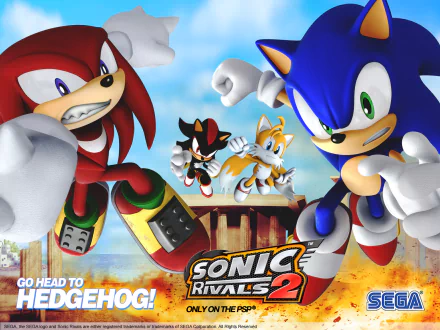 HD PC desktop wallpaper featuring Shadow the Hedgehog, Sonic the Hedgehog, Miles Tails Prower, and Knuckles the Echidna from the video game Sonic Rivals 2.