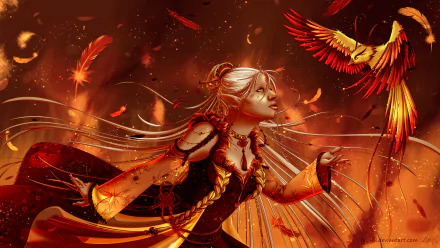 Fantasy-themed 4K Ultra HD desktop wallpaper featuring a woman with flowing hair surrounded by glowing feathers and a vibrant phoenix in a fiery background.