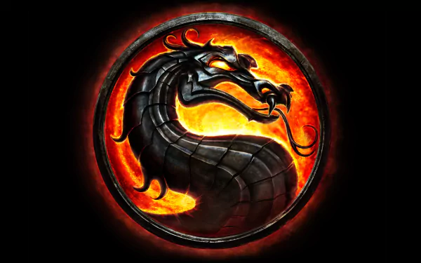 HD desktop wallpaper featuring the iconic Mortal Kombat logo of a black dragon against a fiery orange and red background.