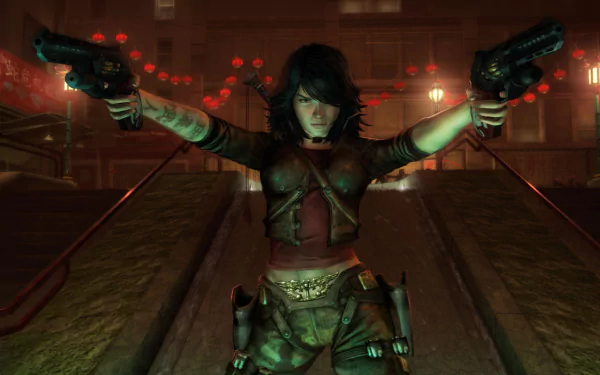 HD PC desktop wallpaper featuring a character from the video game Wet, holding dual pistols with a dynamic, action-packed pose against a night city backdrop.