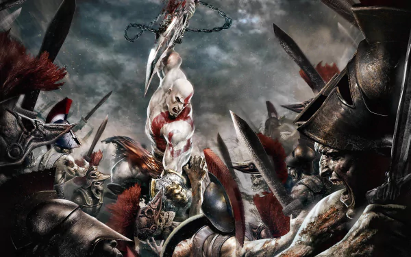 Epic battle scene from God of War featuring Kratos amidst fierce combat with soldiers. The warrior raises his weapon while surrounded by enemies. A thrilling, high-definition wallpaper for video game enthusiasts.
