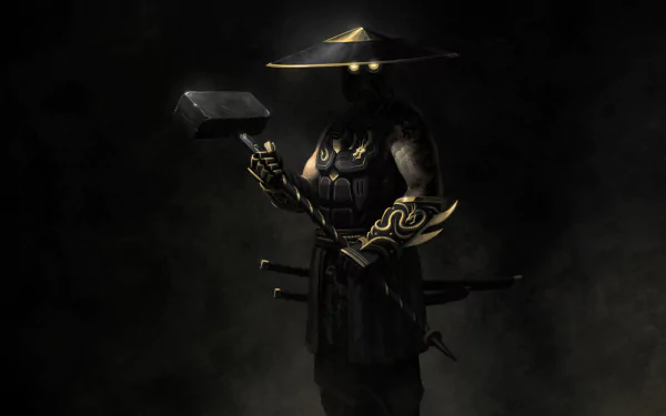 HD desktop wallpaper featuring a dark, armored warrior from the video game E.Y.E: Divine Cybermancy, holding a large hammer with glowing eyes under a wide-brimmed hat.