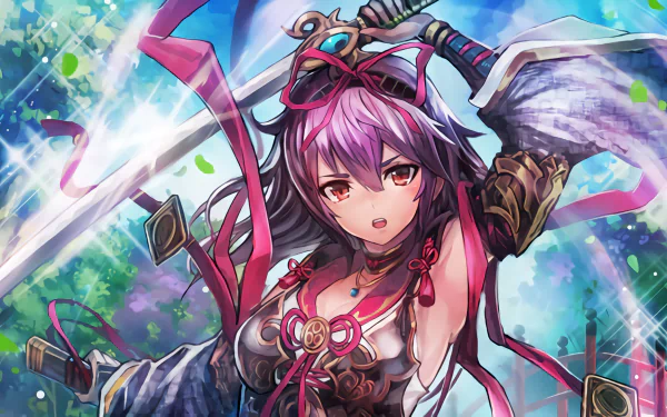 An anime character from Sengoku Saga, features purple hair, red eyes, and a sword. She wears armor and a headband, set against a vibrant, colorful background.