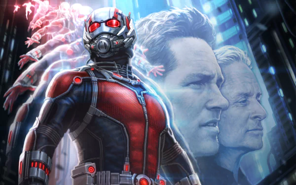 A dynamic HD wallpaper featuring Ant-Man in a vibrant, action-packed scene, complemented by the dramatic faces of key characters, set against a futuristic background.