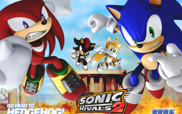 HD PC desktop wallpaper featuring Shadow the Hedgehog, Sonic the Hedgehog, Miles Tails Prower, and Knuckles the Echidna from the video game Sonic Rivals 2.