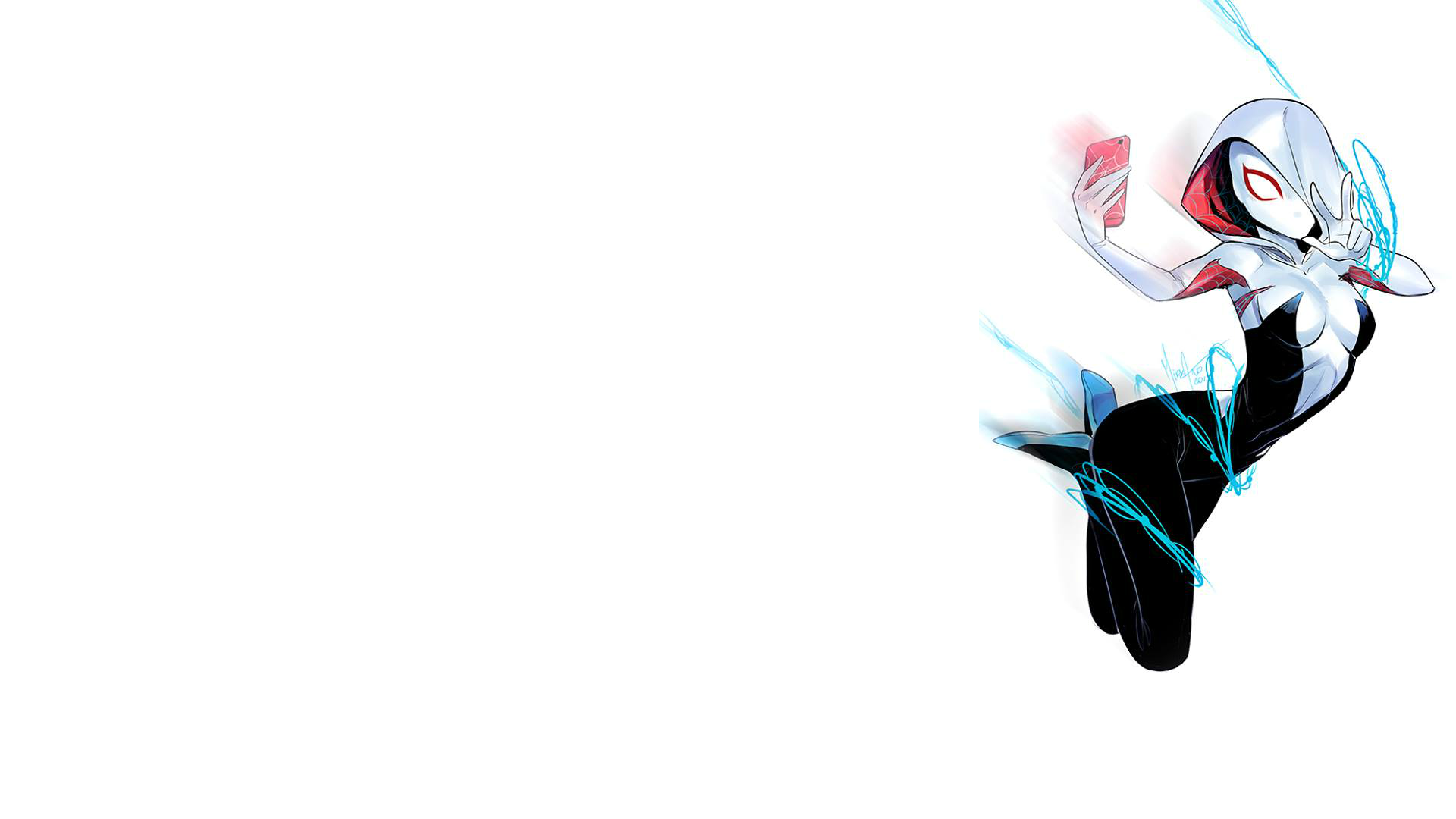 HD PC desktop wallpaper featuring a dynamic comic-style Spider-Gwen swinging with web lines against a white background.