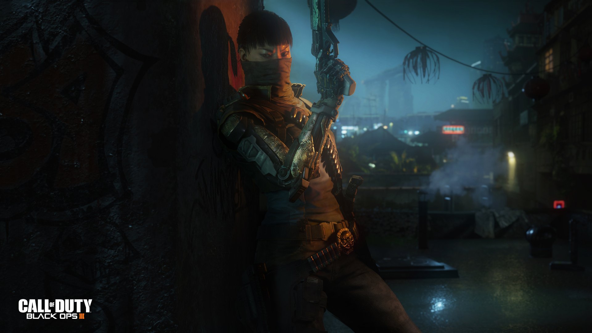 HD wallpaper of Call Of Duty: Black Ops III featuring a character in tactical gear, leaning against a wall in a dimly lit, rainy urban environment.