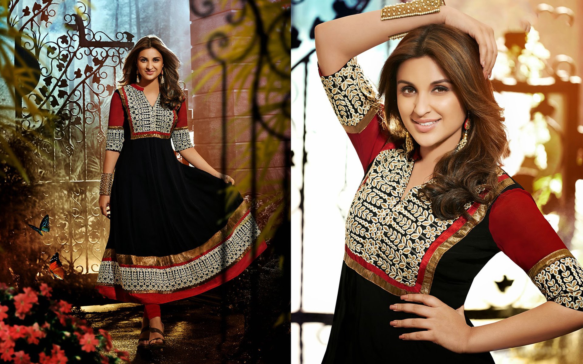 HD PC desktop wallpaper featuring celebrity Parineeti Chopra in a stylish black and red traditional outfit, posing gracefully against a decorative backdrop.