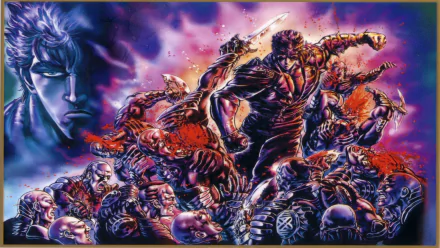 HD PC desktop wallpaper/background — Fist Of The North Star video game: muscular hero unleashing a devastating punch amid crushed foes, vivid purple-red hues and explosive action.