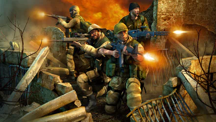 HD PC desktop wallpaper/background for video game Conflict: Desert Storm II: Back to Baghdad — four soldiers firing rifles amid burning urban ruins and explosions.