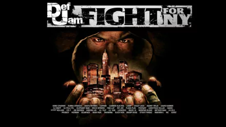 HD PC desktop wallpaper featuring intense urban imagery and a hooded figure, themed around the video game Def Jam: Fight for NY.