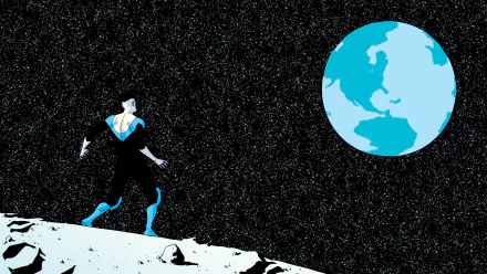 HD desktop wallpaper featuring Mark Grayson from Image Comics' Invincible standing on a rocky surface in space, gazing at Earth against a starry background.