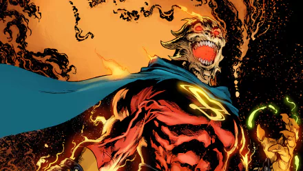 Comic — The Multiversity: flaming, skeletal superhero with glowing S and blue cape against an orange inferno; HD PC desktop wallpaper/background.