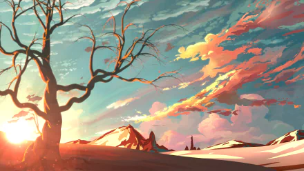 Artistic sunrise landscape featuring a barren tree against a colorful sky with vivid clouds, set against distant mountains. This HD desktop wallpaper exudes tranquility and natural beauty.