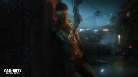 HD wallpaper of Call Of Duty: Black Ops III featuring a character in tactical gear, leaning against a wall in a dimly lit, rainy urban environment.