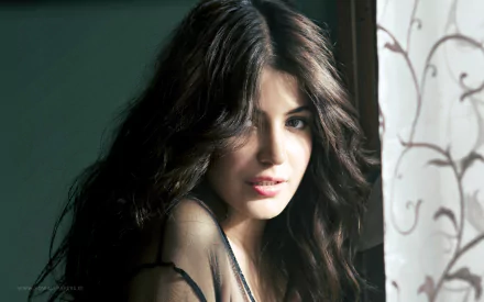 A stunning HD desktop wallpaper featuring celebrity Anushka Sharma, showcasing her captivating gaze and elegant style against a softly lit background.