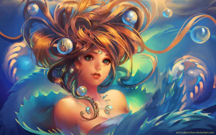 A vibrant fantasy-themed HD desktop wallpaper featuring a woman with flowing hair and bubbles, set against a colorful underwater backdrop, creating a mesmerizing, ethereal atmosphere.