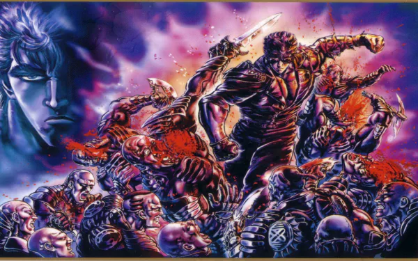 HD PC desktop wallpaper/background — Fist Of The North Star video game: muscular hero unleashing a devastating punch amid crushed foes, vivid purple-red hues and explosive action.