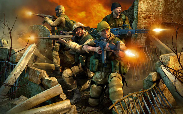 HD PC desktop wallpaper/background for video game Conflict: Desert Storm II: Back to Baghdad — four soldiers firing rifles amid burning urban ruins and explosions.