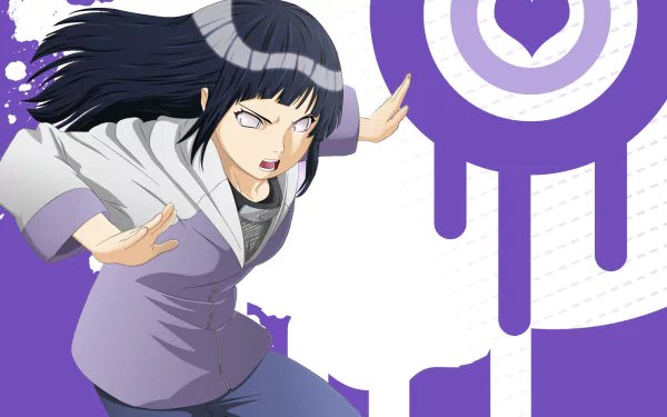 HD desktop wallpaper featuring Hinata Hyuga from Naruto in an action pose. The background is purple and white with a stylish design element.