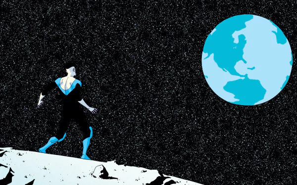HD desktop wallpaper featuring Mark Grayson from Image Comics' Invincible standing on a rocky surface in space, gazing at Earth against a starry background.