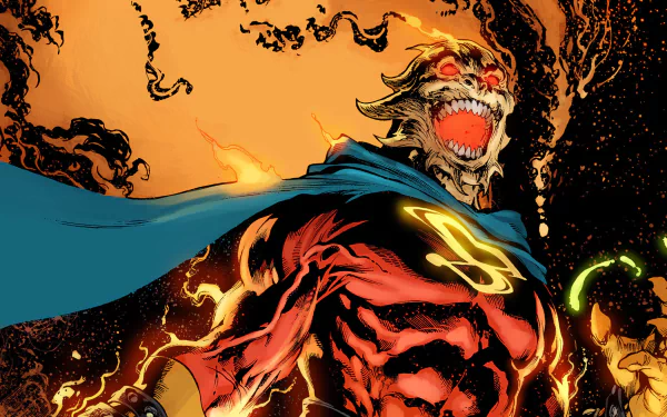 Comic — The Multiversity: flaming, skeletal superhero with glowing S and blue cape against an orange inferno; HD PC desktop wallpaper/background.