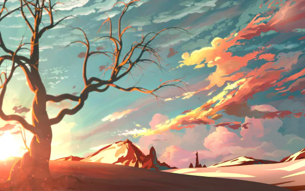Artistic sunrise landscape featuring a barren tree against a colorful sky with vivid clouds, set against distant mountains. This HD desktop wallpaper exudes tranquility and natural beauty.