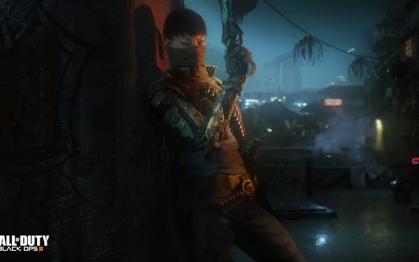 HD wallpaper of Call Of Duty: Black Ops III featuring a character in tactical gear, leaning against a wall in a dimly lit, rainy urban environment.