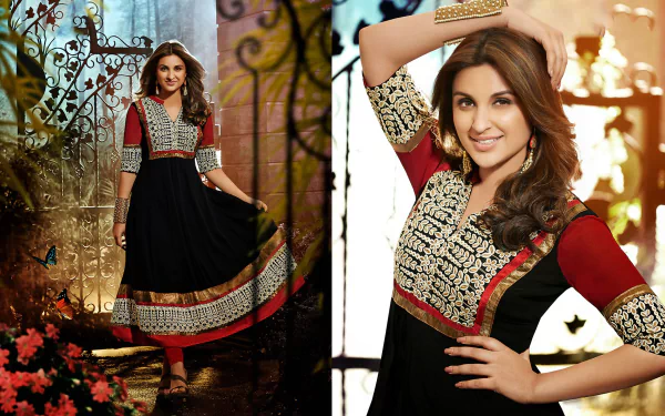 HD PC desktop wallpaper featuring celebrity Parineeti Chopra in a stylish black and red traditional outfit, posing gracefully against a decorative backdrop.