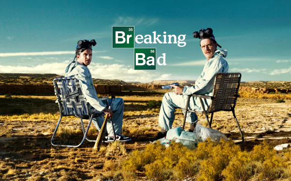 HD desktop wallpaper featuring characters Jesse Pinkman (Aaron Paul) and Walter White (Bryan Cranston) from the TV show Breaking Bad, sitting in lawn chairs in a desert landscape.