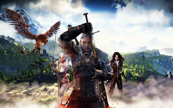 HD desktop wallpaper featuring Geralt of Rivia wielding a sword, with Ciri and Yennefer of Vengerberg from The Witcher 3: Wild Hunt, set against a scenic mountainous background with a griffin in flight.