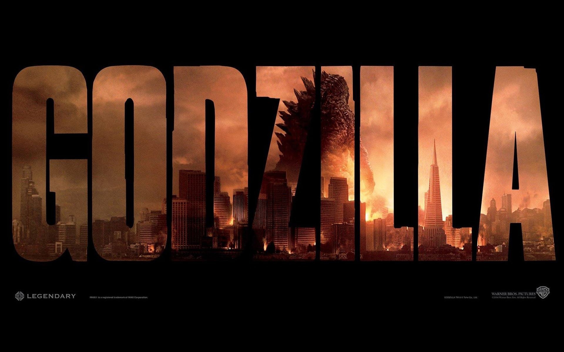 HD PC desktop wallpaper featuring the title Godzilla with a fiery cityscape and Godzilla silhouette inside the text, from the 2014 movie Godzilla.