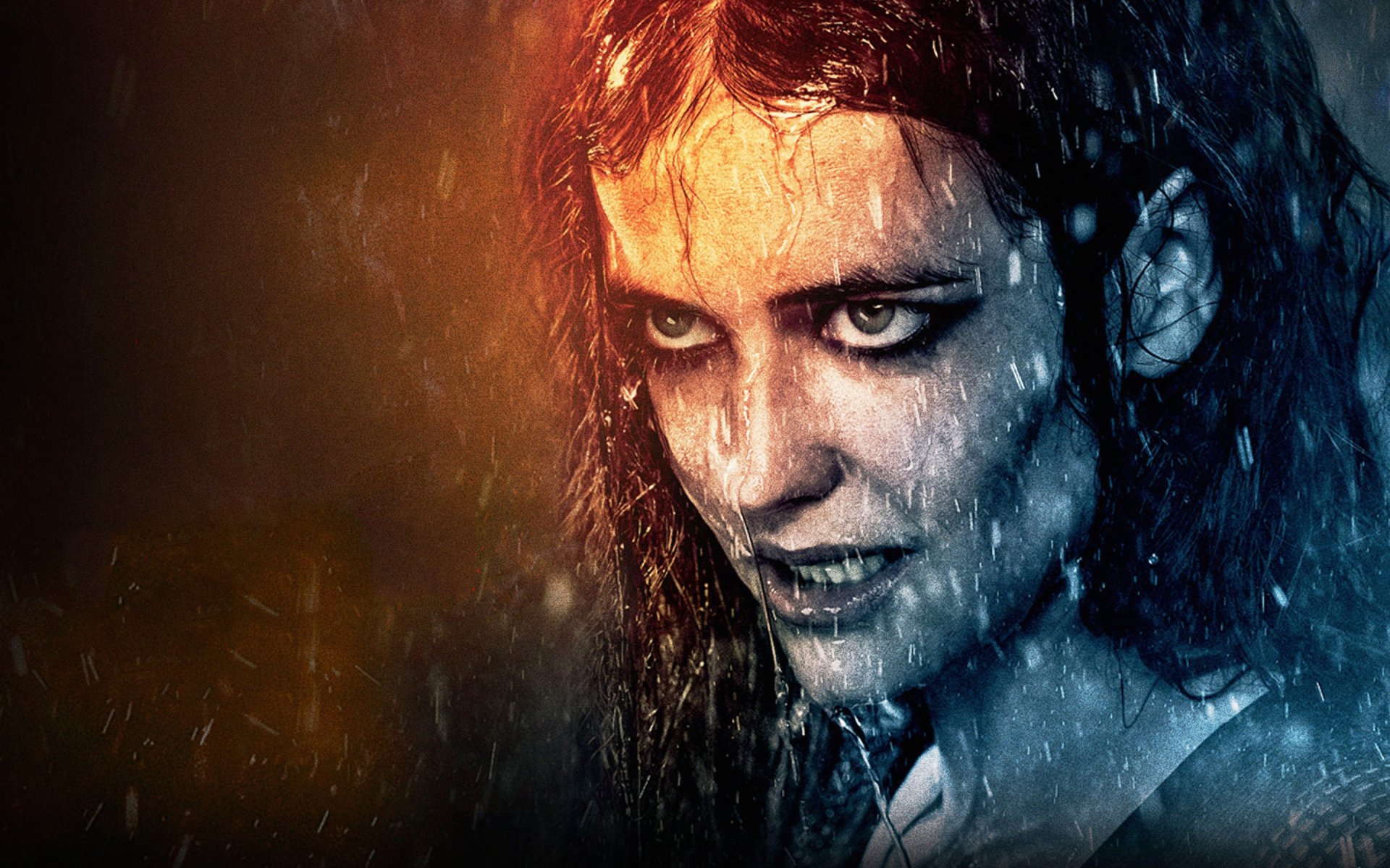 A stunning HD wallpaper featuring Eva Green from the movie 300: Rise of an Empire, capturing her intense expression amid dramatic lighting and rain.