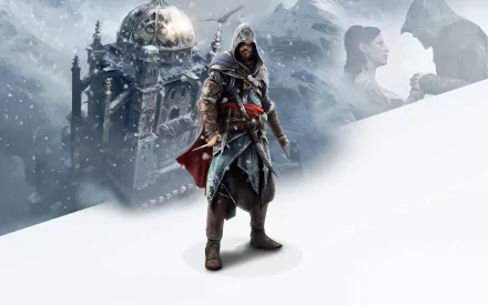 HD PC desktop wallpaper featuring a snowy scene from the video game Assassin's Creed: Revelations with the main character standing prominently in the foreground.