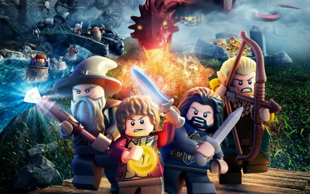 HD PC desktop wallpaper featuring characters from the video game LEGO The Hobbit, showcasing a fiery dragon and four LEGO heroes ready for battle.