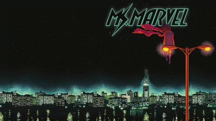 HD PC desktop wallpaper: comic-style Ms. Marvel perched on a lamp post above a glowing nighttime city skyline, Ms. Marvel logo in neon at the top.