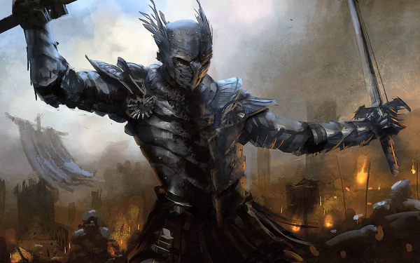 A fantasy knight clad in dark armor brandishes a sword amidst a fiery battlefield. This HD desktop wallpaper captures his fierce determination and the chaos of battle in stunning detail.