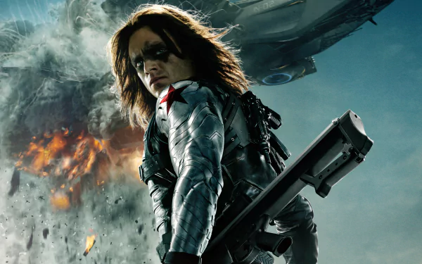 HD wallpaper featuring the Winter Soldier, portrayed by Sebastian Stan, from the movie Captain America: The Winter Soldier, set against a dramatic explosion backdrop.