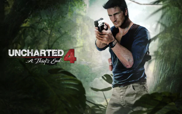 HD wallpaper featuring Nathan Drake from the video game Uncharted 4: A Thief's End, standing in a jungle setting and pointing a gun, with the game title displayed on the left.