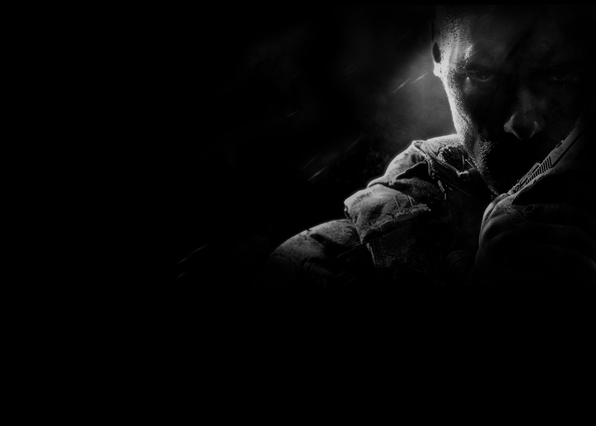HD PC desktop wallpaper from the video game Call of Duty: Black Ops II, featuring a dark, intense close-up of a soldier in shadow.