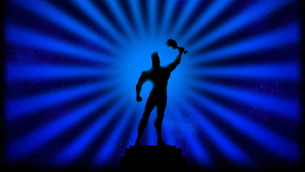 Chicken Invaders 5 video game HD PC desktop wallpaper: silhouetted hero on a pedestal holds a chicken aloft against radiant blue starburst rays.