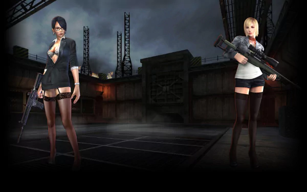 HD PC desktop wallpaper showing two armed female characters in a dark industrial map from the video game Counter-Strike Nexon: Zombies.