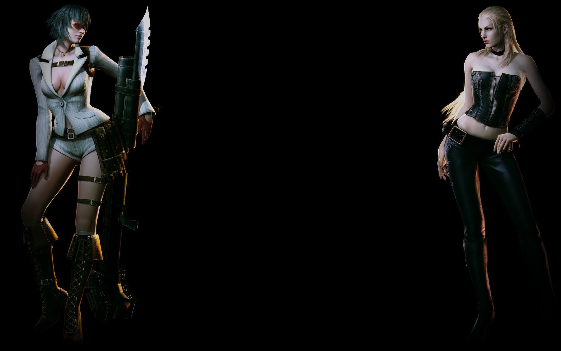 HD desktop wallpaper from Devil May Cry 4 featuring two character models in dynamic poses, capturing the game's stylish aesthetic and intense atmosphere.