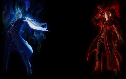 HD PC desktop wallpaper featuring contrasting blue and red versions of a character from the video game Devil May Cry 4, each wielding a weapon in dynamic poses.